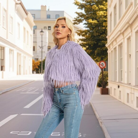 Women's Faux Fur Coat Purple Grey Slim Cropped Fuzzy Fluffy Fall Winter Jacket - Picture 2 of 5